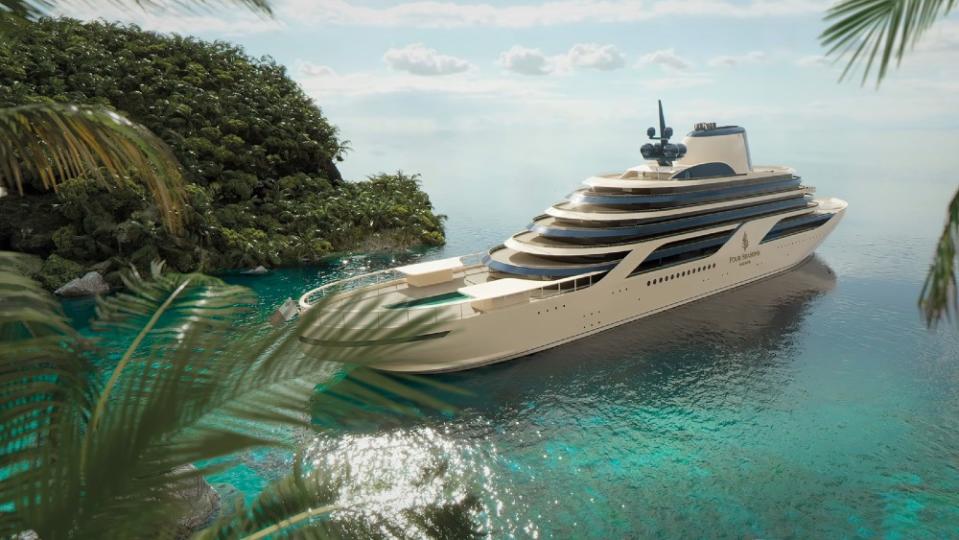 The vessel’s long stern, with a pool on back, reflects contemporary superyacht design.
