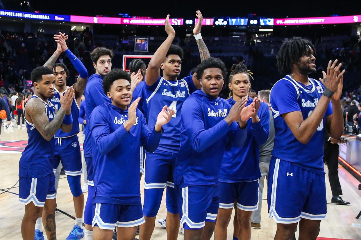 Feb 18, 2024; Elmont, New York, USA; The Seton Hall Pirates thank their fans after beating the St. John's Red Storm 68-62 at UBS Arena. Mandatory Credit: Wendell Cruz-USA TODAY Sports