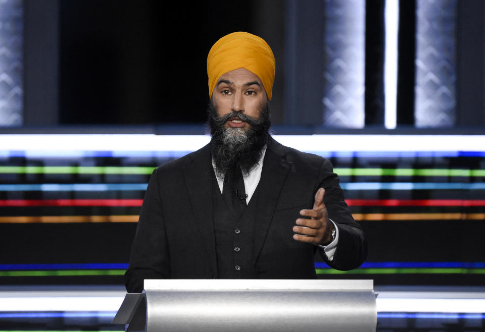 NDP Leader Jagmeet Singh speaks during the federal election English-language Leaders debate in Gatineau, Quebec, Canada on September 9, 2021. (Photo by Justin Tang / POOL / AFP) (Photo by JUSTIN TANG/POOL/AFP via Getty Images)