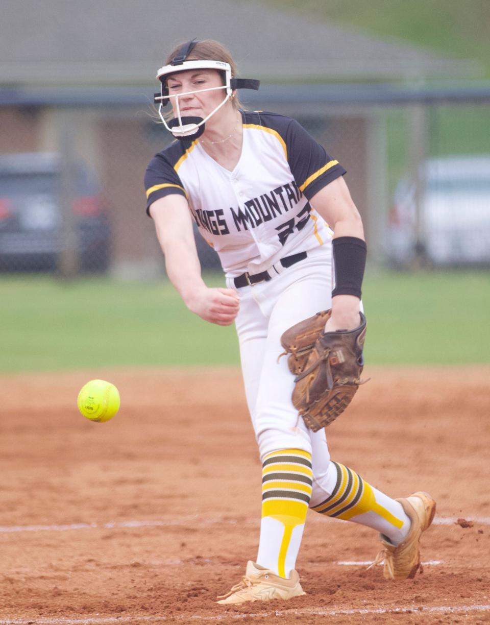 Kings Mountain's Maddie Huffman sends a pitch toward home plate during her team's 1-0 win over Crest on April 10, 2024.