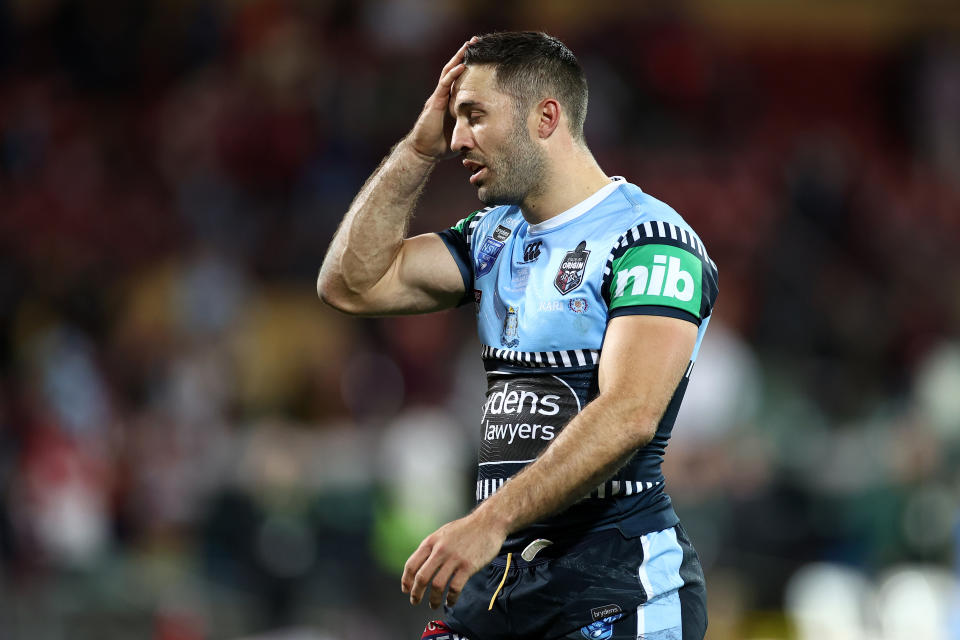 ADELAIDE, AUSTRALIA - NOVEMBER 04: James Tedesco of the Blues reacts after losing game one of the 2020 State of Origin series between the Queensland Maroons and the New South Wales Blues at the Adelaide Oval on November 04, 2020 in Adelaide, Australia. (Photo by Cameron Spencer/Getty Images)