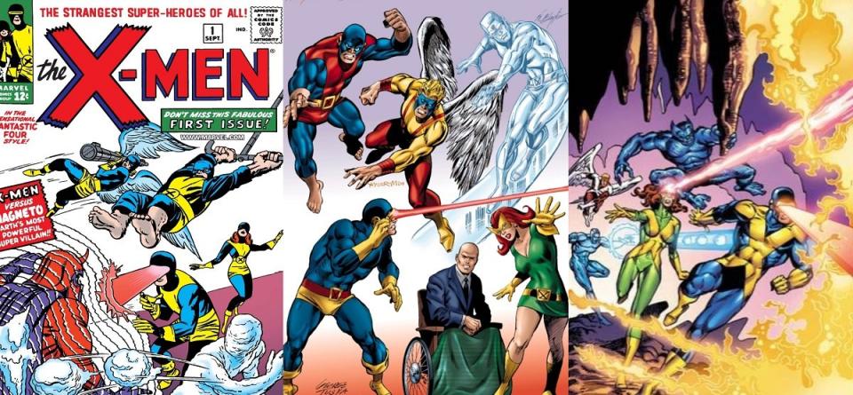 The cover to 1963's X-Men #1, the late '60s X-Men in graduation costumes, and the original X-Factor. This team of Marvel mutants is one of greatest X-Men teams.