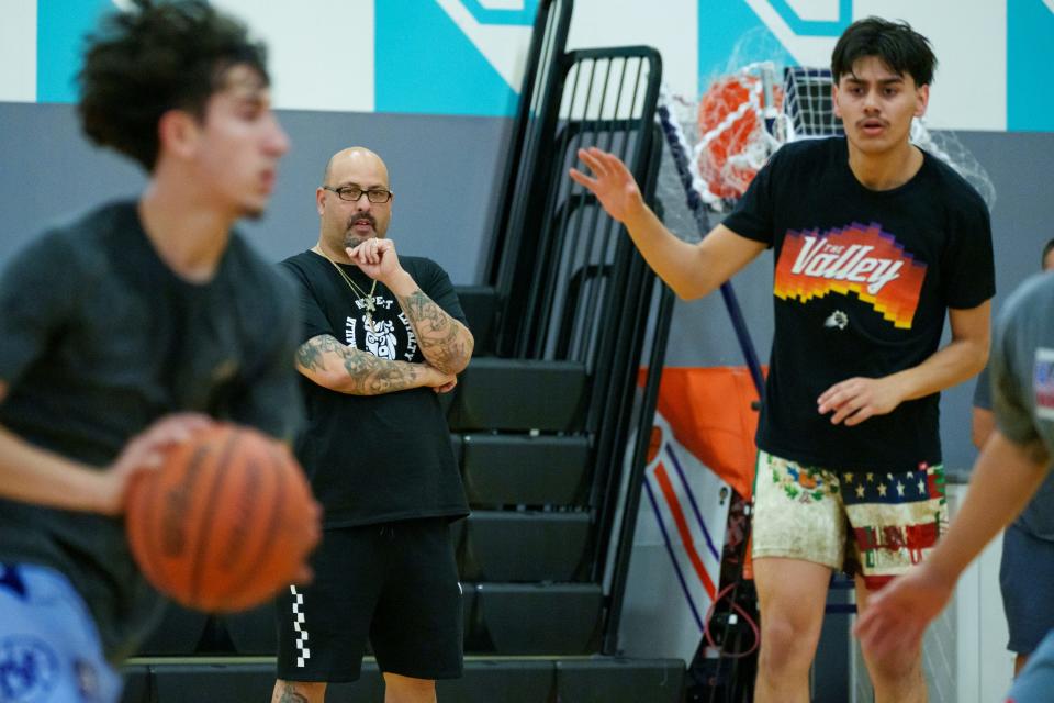 Founder of Chicano Basketball League, Joe Leon watches practice on April 30, 2023 in Phoenix, AZ.