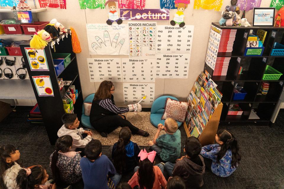 Mireya Munoz, a first grade teacher in the Dual Language Immersion Program at William C. Jack Elementary School, teaches her students on campus in Glendale on March 30, 2023.