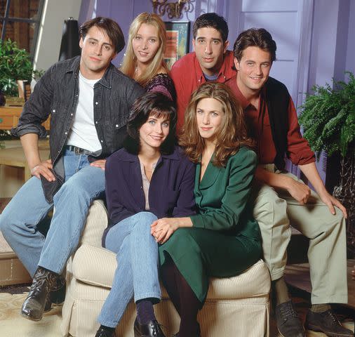 <p>Reisig & Taylor/NBCU Photo Bank/NBCUniversal via Getty</p> Actors clockwise from bottom left, Courteney Cox as 'Monica Geller', Matt LeBlanc as 'Joey Tribbiani', Lisa Kudrow as 'Phoebe Buffay', David Schwimmer as 'Ross Geller', Matthew Perry as 'Chandler Bing', Jennifer Aniston as 'Rachel Green' in a 'Friends' group portrait, June 15th 1994.