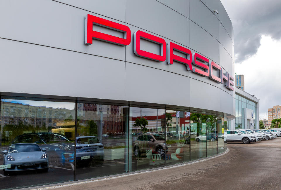 Kazan, Russia - June 10, 2018: Office of official dealer Porsche. Porsche is a German holding company