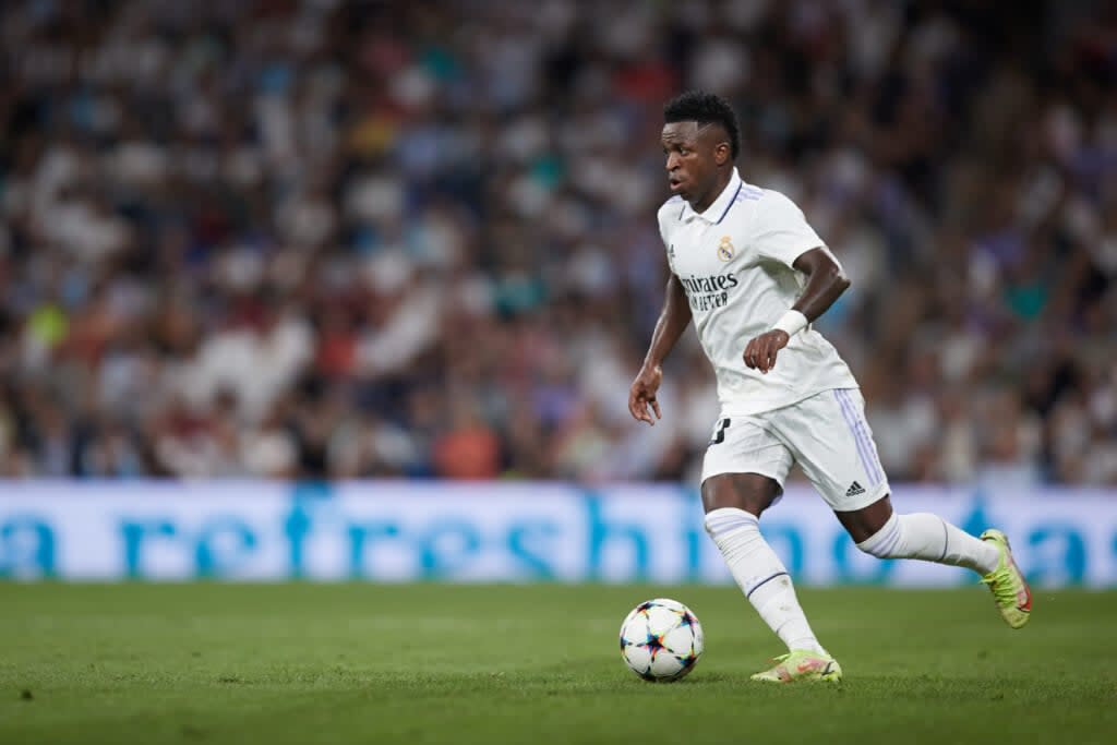 Vinicius Junior of Real Madrid CF during the UEFA Champions League group F match between Real Madrid and RB Leipzig at Estadio Santiago Bernabeu on September 14, 2022 in Madrid, Spain. (Photo by Gonzalo Arroyo Moreno/Getty Images)