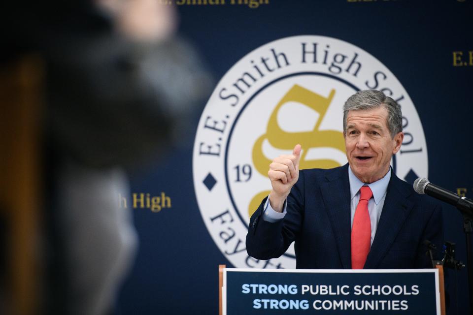 Gov. Roy Cooper speaks about the importance of public schools during a press conference after touring E.E. Smith High School on Tuesday, Feb. 27, 2024.