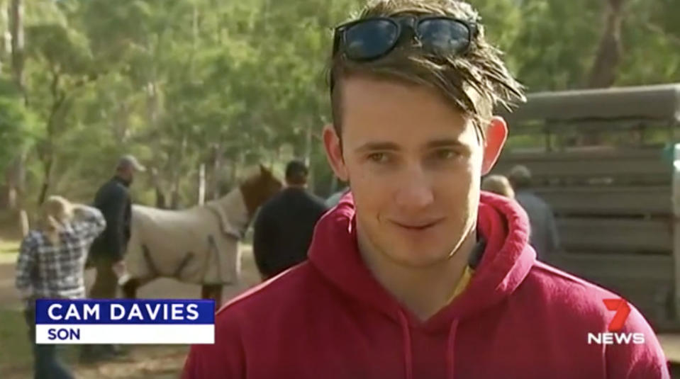 Son Cam Davies says he wants his mum to take up a safer hobby, like knitting. Source: 7 News