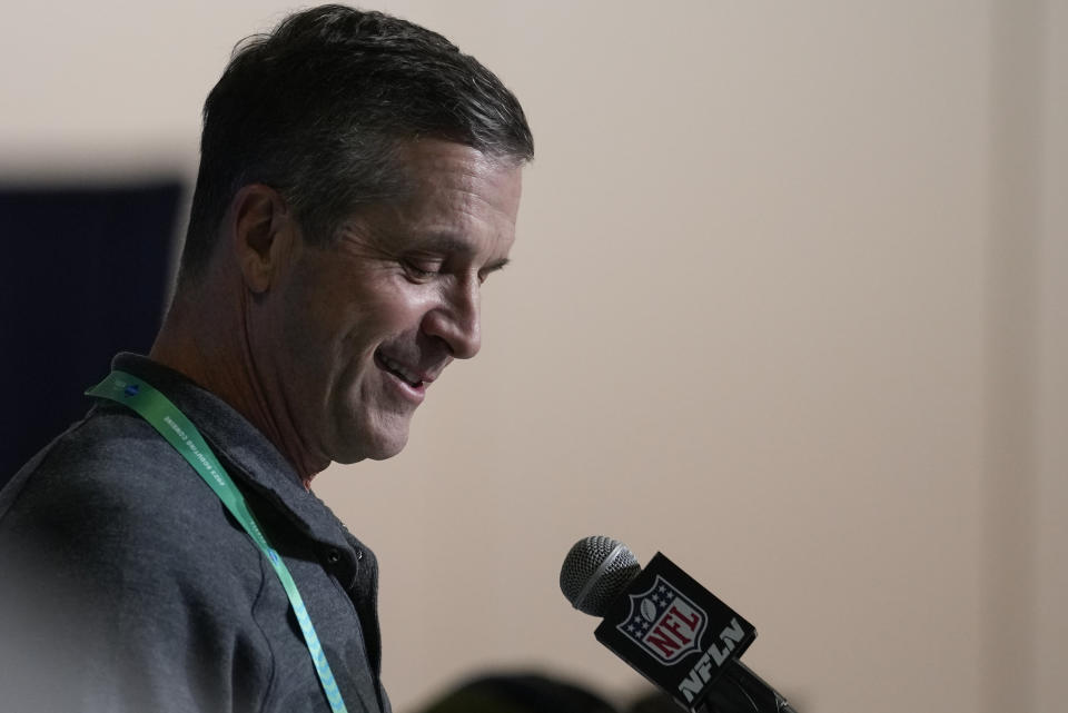 Baltimore Ravens head coach John Harbaugh speaks during a press conference at the NFL football scouting combine in Indianapolis, Wednesday, March 1, 2023. (AP Photo/Michael Conroy)