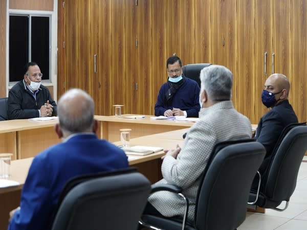 Delhi Chief Minister Arvind Kejriwal, PWD Minister Satyendar Jain holding a meeting with officials on Wednesday. (Photo/ANI)