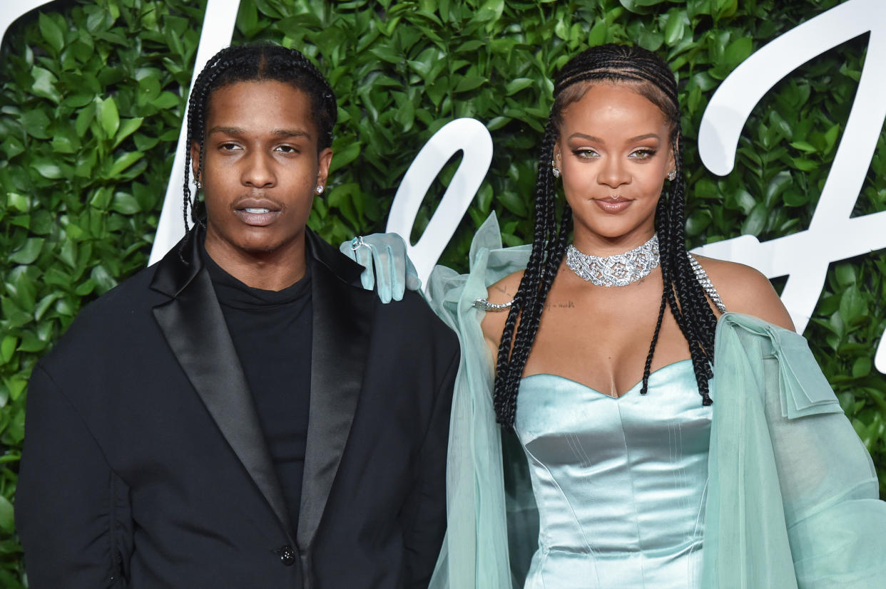 LONDON, ENGLAND - DECEMBER 02: ASAP Rocky and Singer Rihanna arrives at The Fashion Awards 2019 held at Royal Albert Hall on December 02, 2019 in London, England. (Photo by Stephane Cardinale - Corbis/Corbis via Getty Images)