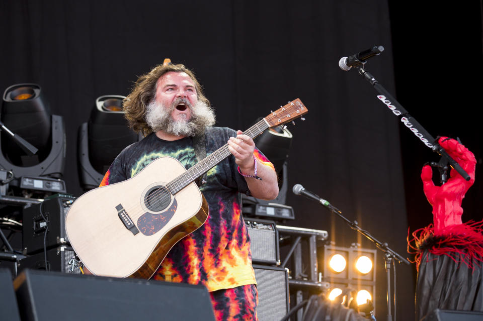 02 June 2023, Bavaria, Nuremberg: Jack Black, guitarist and singer, during the performance of the band Tenacious D on the Utopia Stage. About 60,000 visitors are expected at the open-air festival Rock im Park. Photo: Daniel Vogl/dpa (Photo by Daniel Vogl/picture alliance via Getty Images)