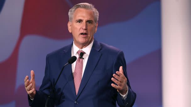 PHOTO: House Minority Leader Kevin McCarthy speaks at the Republican Jewish Coalition annual leadership meeting, Nov. 19, 2022, in Las Vegas. (Scott Olson/Getty Images)