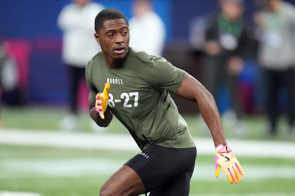 Mar 1, 2024; Indianapolis, IN, USA; Toledo defensive back Quinyon Mitchell (DB27) works out during the 2024 NFL Combine at Lucas Oil Stadium. Mandatory Credit: Kirby Lee-USA TODAY Sports