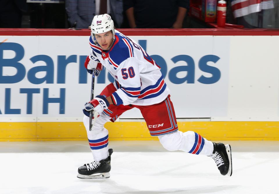 NEWARK, NEW JERSEY - SEPTEMBER 30: William Cuylle #50 of the New York Rangers skates in warm-ups prior to the game against the New Jersey Devils at the Prudential Center on September 30, 2022 in Newark, New Jersey.