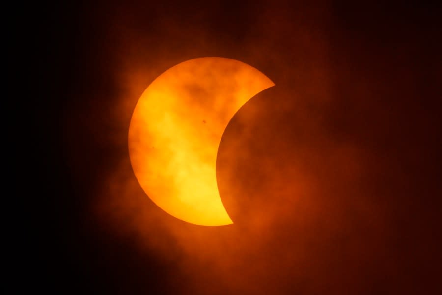 The moon partially covers the sun during a total solar eclipse, as seen from Eagle Pass, Texas, Monday, April 8, 2024. (AP Photo/Eric Gay)