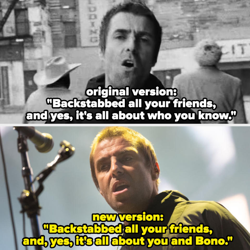 Liam Gallagher's face is compared in two memes, one with original lyrics, the other humorously altered to mention Bono