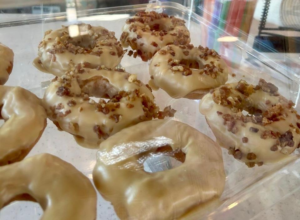 Love Brews makes fresh donuts every morning. The maple and bacon is a best seller, Brandy Sutton said.