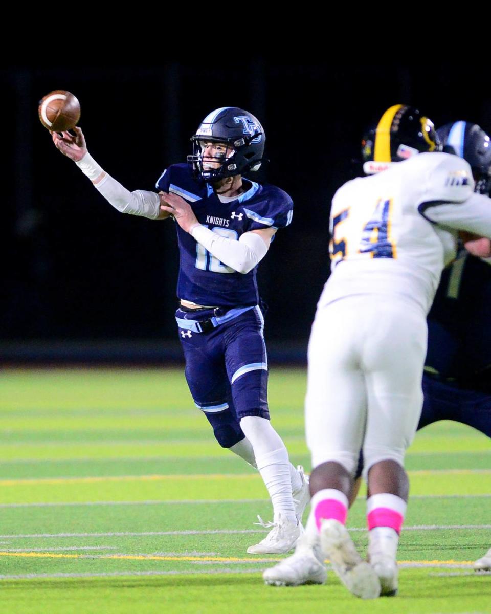 Downey quarterback Carson Lamb (10) throws a pass during a game between Downey and Gregori at Downey High School in Modesto, California on October 27, 2023.