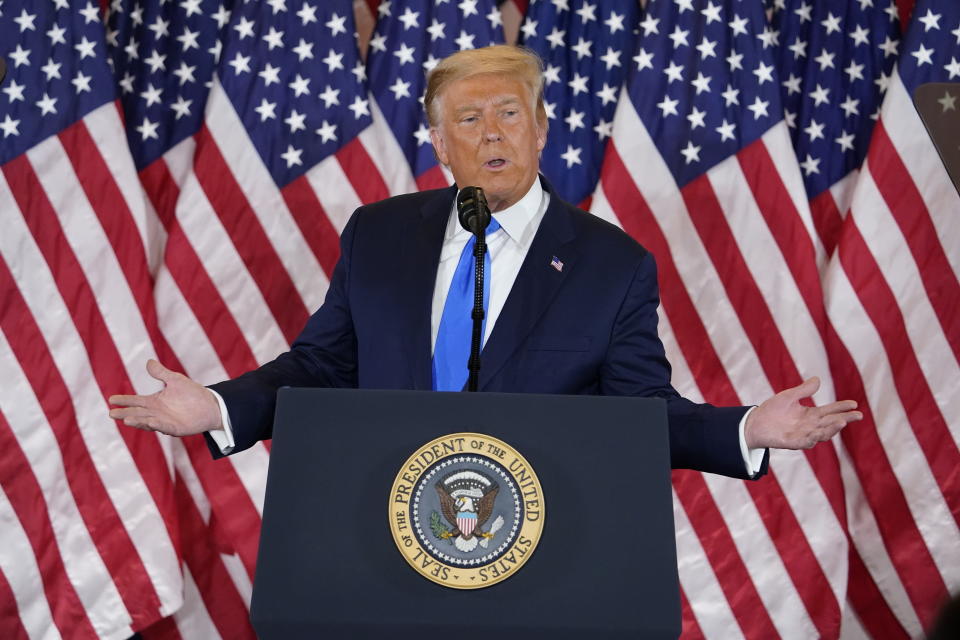 President Donald Trump speaks in the East Room of the White House, early Wednesday, Nov. 4, 2020, in Washington. (AP Photo/Evan Vucci)