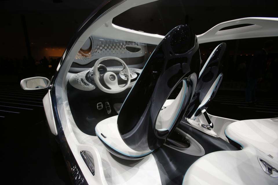 The interior view of a Smart Fourjoy prototype is pictured during the world premiere of the four-seater Smart at the Smart Mercedes media night of the Frankfurt motor show September 9, 2013. The world's biggest auto show is open to the public September 14 -22. REUTERS/Wolfgang Rattay (GERMANY - Tags: BUSINESS TRANSPORT)