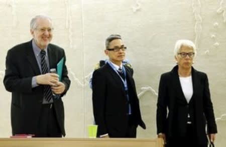 (L-R) Paulo Pinheiro, Chairperson of the Independent Commission of Inquiry on Syria arrives with co-members Vitit Muntarbhorn and Carla del Ponte for the presentation of their report to the Human Rights Council at the United Nations in Geneva, Switzerland, March 15, 2016. REUTERS/Denis Balibouse