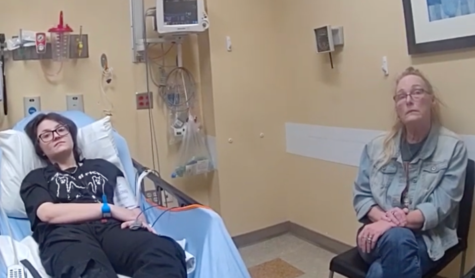 Nex Benedict, left, and their mother Sue Benedict, shown on police body cam being interviewed in hospital on 7 February (Owasso Police Department)