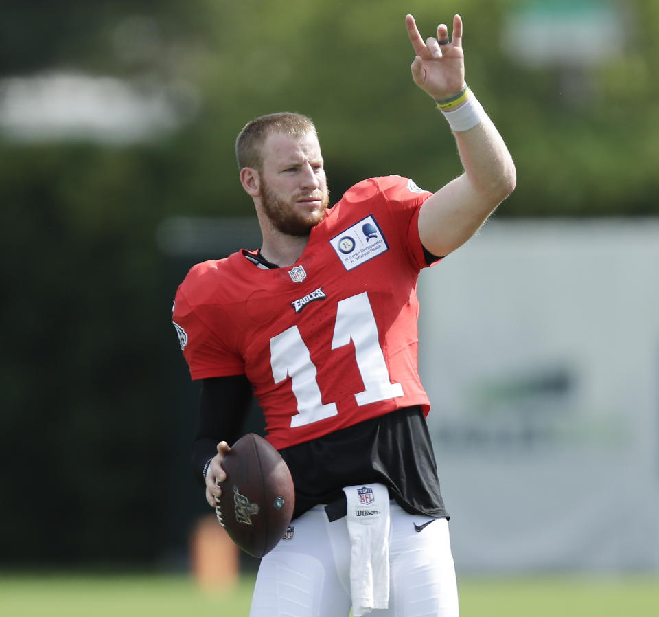 Philadelphia Eagles quarterback Carson Wentz signals while holding the football during an NFL football training camp practice in Philadelphia, Monday, Aug. 24, 2020. (Yong Kim/Pool Photo via AP)