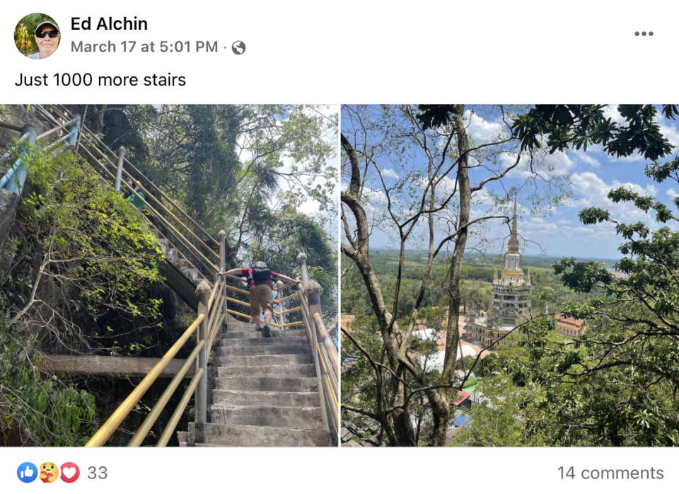 Ed Alchin's final Facebook post, reading: 'Just 1000 more stairs'