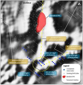 Aeromagnetic image showing the main mineralized trendsand completed drill hole collars at the FLC2 prospect