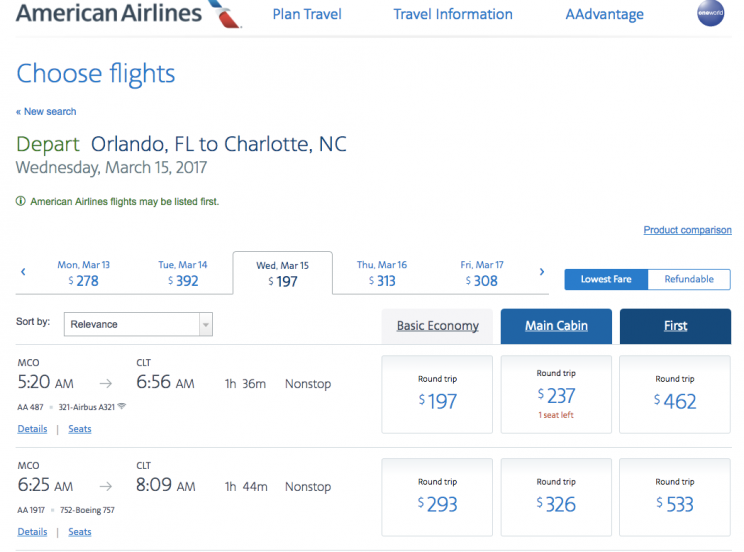 A sample basic economy fare from American Airlines.