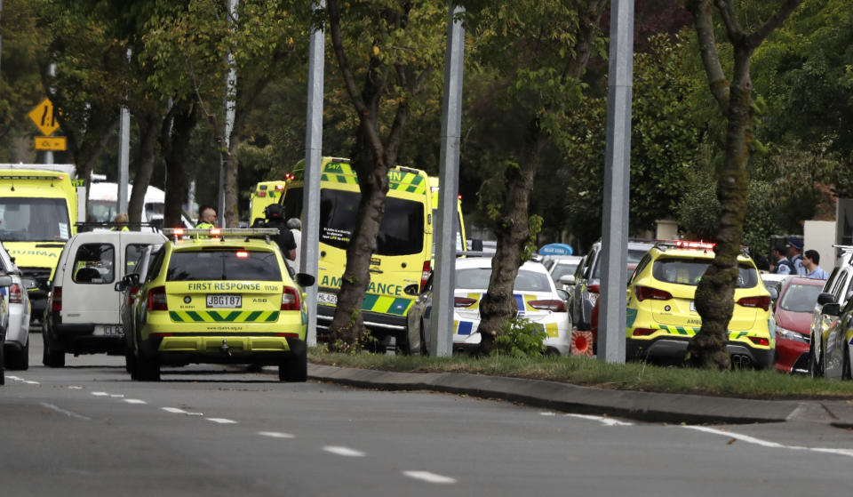 Ambulances parked outside a mosque in central Christchurch, New Zealand, Friday, March 15, 2019. (Photo: Mark Baker/AP)