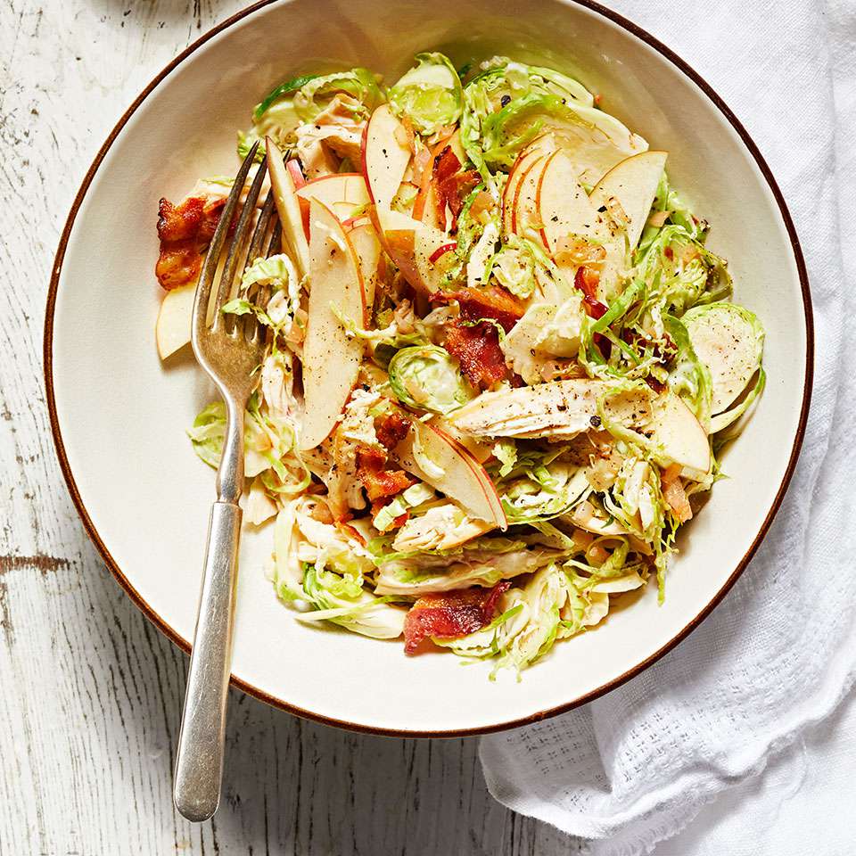 Chicken & Shredded Brussels Sprout Salad with Bacon Vinaigrette