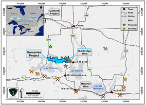 Location of the Somanike Project near La Motte in northwestern Quebec.