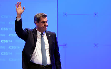 Bavarian State Prime Minister and designated leader of the Christian Social Union (CSU), Markus Soeder, gestures at the party meeting in Munich, Germany, January 19, 2019. REUTERS/Andreas Gebert