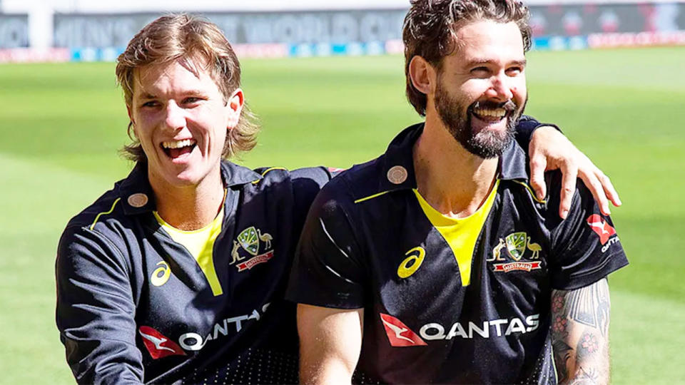 Pictured here, Adam Zampa and Kane Richardson share a laugh after posing for a photo.