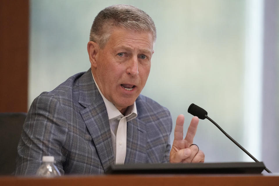 FILE - Bruce Hough speaks during the 2nd Congressional District Republican primary debate for outgoing Rep. Chris Stewart's seat, Friday, Aug. 4, 2023, in Farmington, Utah. (AP Photo/Rick Bowmer)