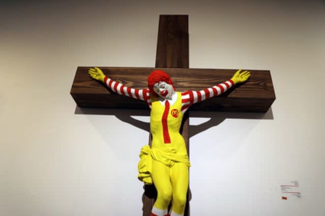 A sculpture by Finnish artist Jani Leinonen, entitled &quot;McJesus&quot;, is seen on display at Haifa Museum of Art in the northern Israeli city of Haifa