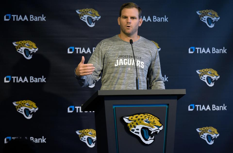 Jaguars Offensive Coordinator Press Taylor addresses the media prior to the start of the Jacksonville Jaguars Thursday morning training camp session July 27, 2023 inside the Miller Electric Center training facility.