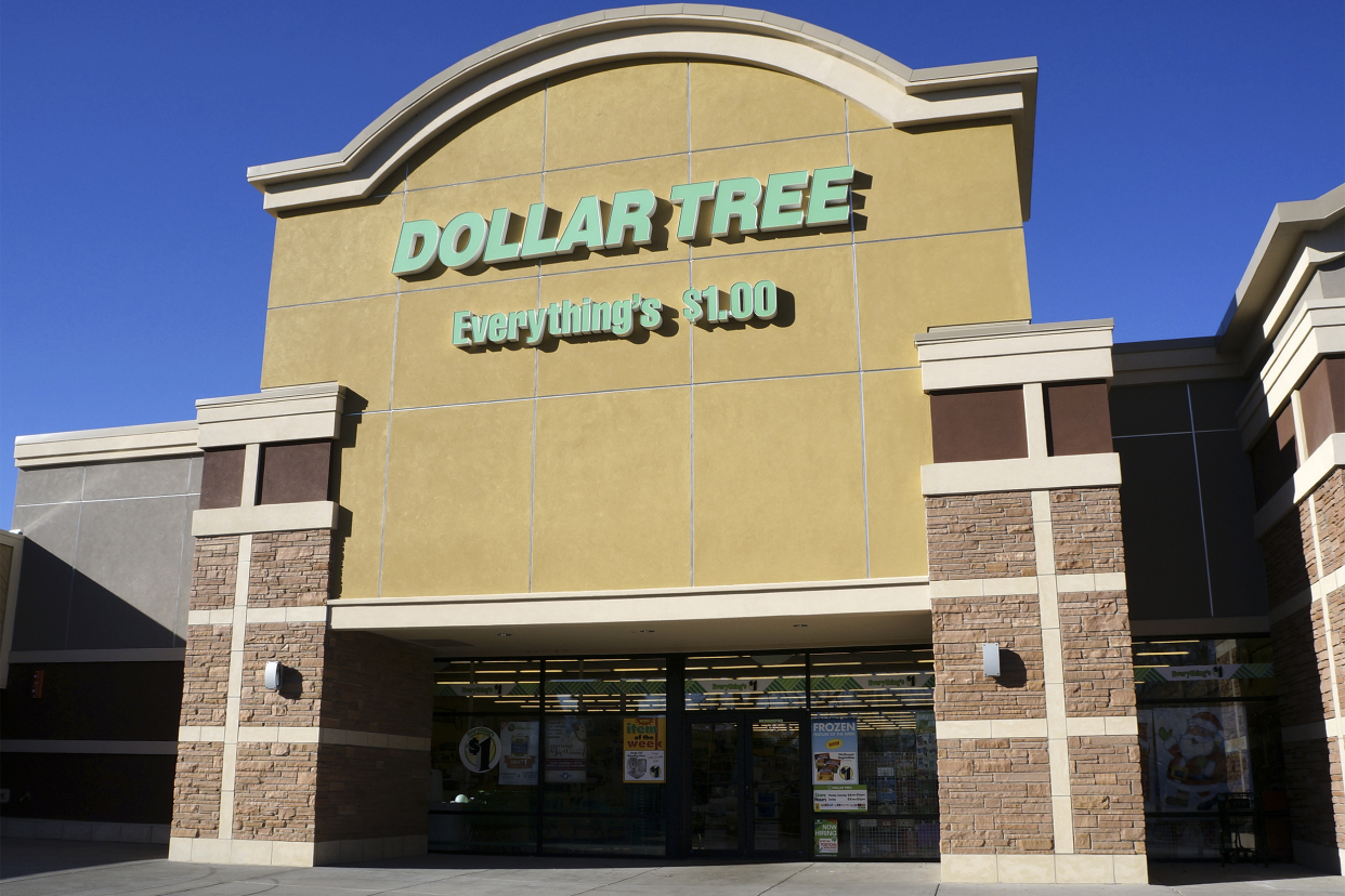 Front exterior of Dollar Tree, Fort Collins, Colorado on a sunny day with a clear blue sky