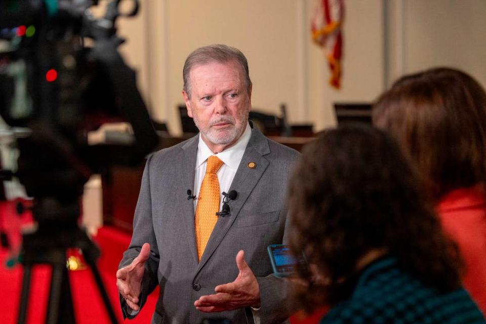 Sen. leader Phil Berger answers questions from the media following a final vote on the state budget bill Friday, Sept. 22, 2023 on the Senate Floor of the General Assembly. The bill passed the Republican-controlled General Assembly on Friday after a final Senate vote.