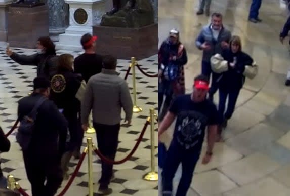 Screenshots from CCV footage inside
Statuary Hall (left) and the Rotunda (right) on January 6, 2021 inside the U.S. Capitol.