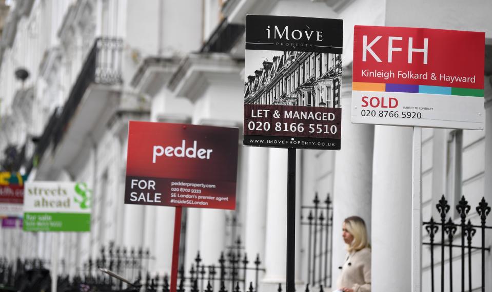 Estate Agents' "For Sale", "Sold", and " To-Let" boards are pictured outside residential properties in south London on July 6, 2020. - British media reported Monday that Britain's Chancellor of the Exchequer Rishi Sunak is set to outline plans to raise the threshold at which homebuyers pay Stamp Duty on their new properties, currently set at GBP 125,000. (Photo by DANIEL LEAL-OLIVAS / AFP) (Photo by DANIEL LEAL-OLIVAS/AFP via Getty Images)