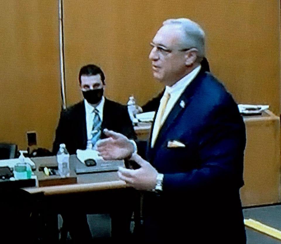 Richard Conte's defense attorney Richard Incremona presents his opening argument to the jury during his trial before Superior Court Judge Michael T. Collins at the Ocean County Courthouse in Toms River Thursday, January 20, 2022. The suspended Howell police sergeant is charged with child luring and related offenses.  