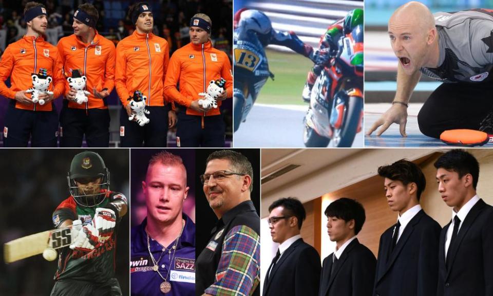 Clockwise from top left: Dutch speed-skaters, Romano Fenati, Ryan Fry, Japan’s men’s basketball team, Gary Anderson and Wesley Harms, and Sabbir Rahman.