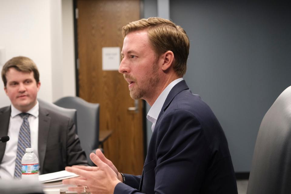 Superintendent Ryan Walters talks about new rules during the monthly meeting of the Oklahoma State Board of Education at the Oliver Hodge Building in the Capitol complex in Oklahoma City, Thursday, Dec. 21, 2023.