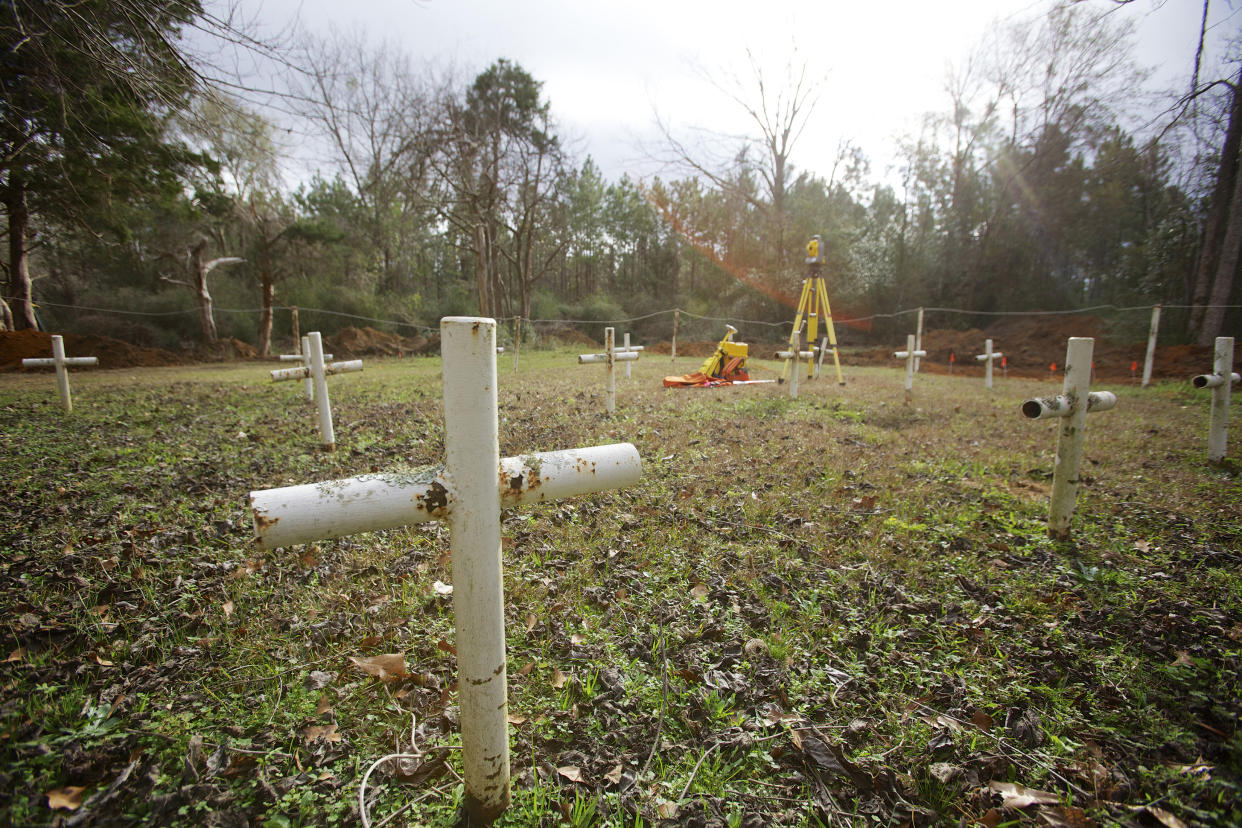 White crosses that were planted in the 1990s to commemorate previously unmarked graves on the grounds of the Arthur G. Dozier School for Boys, in Marianna, Fla., Jan. 16, 2013. (Meggan Haller/The New York Times)