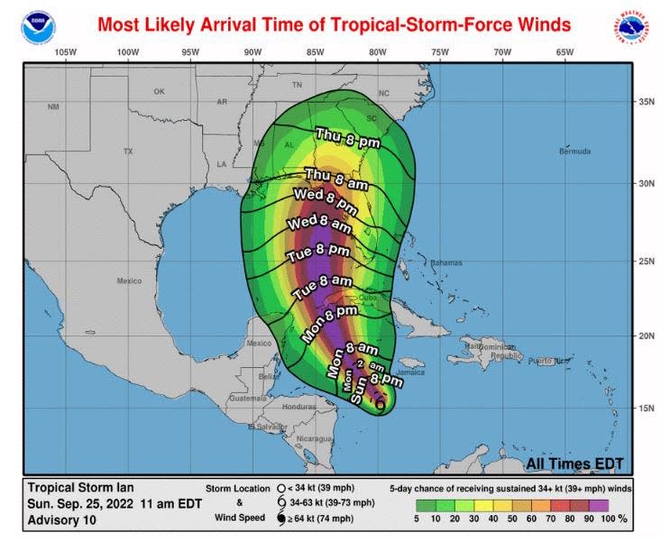 Most likely arrival time of winds as of 11 a.m. Sept. 25, 2022.