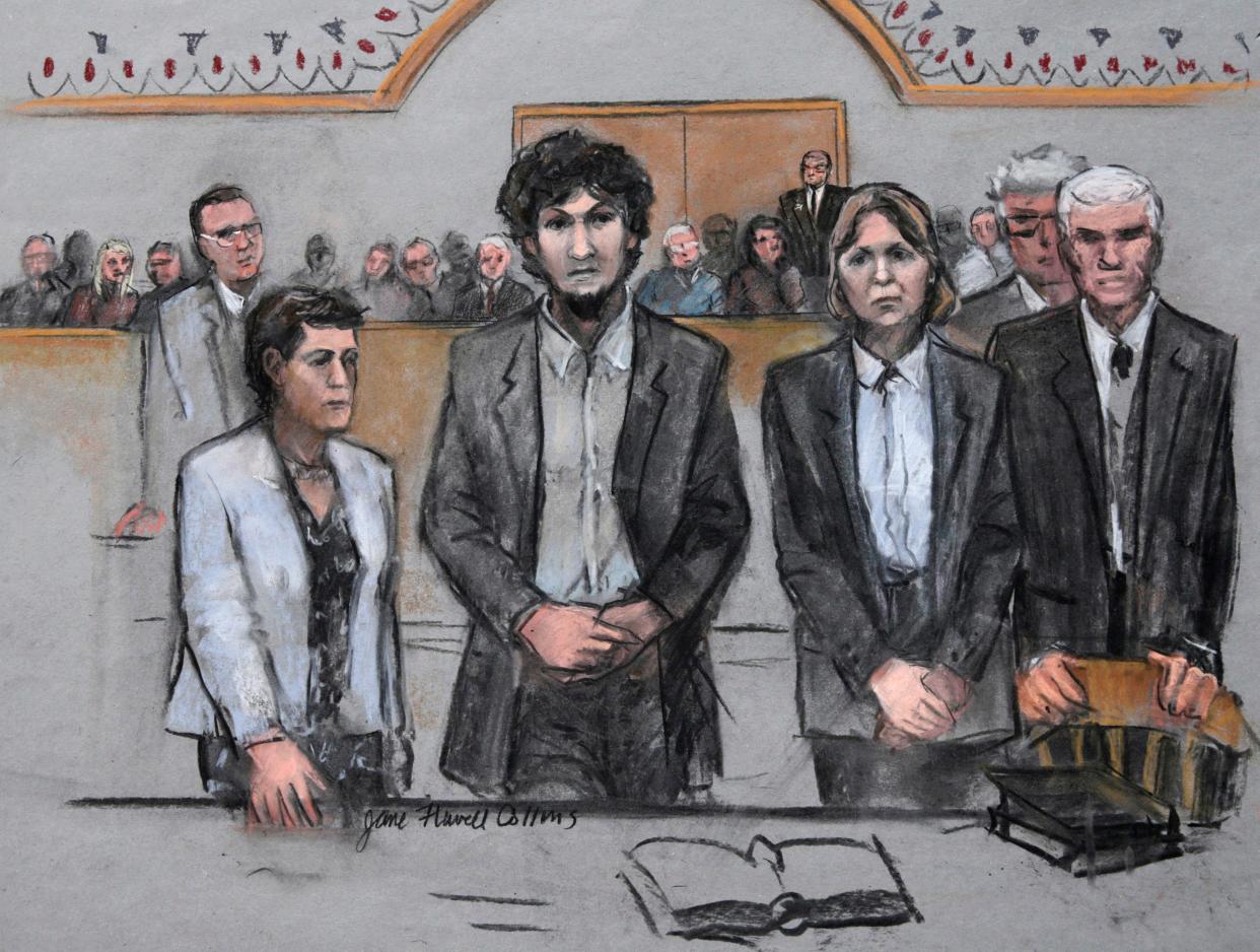 File image: In this 15 May, 2015 file courtroom sketch by Jane Flavell Collins, Boston Marathon bomber Dzhokhar Tsarnaev, centre, stands with his defence attorneys as a death by lethal injection sentence is read at the Moakley Federal court house in the penalty phase of his trial in Boston (AP)